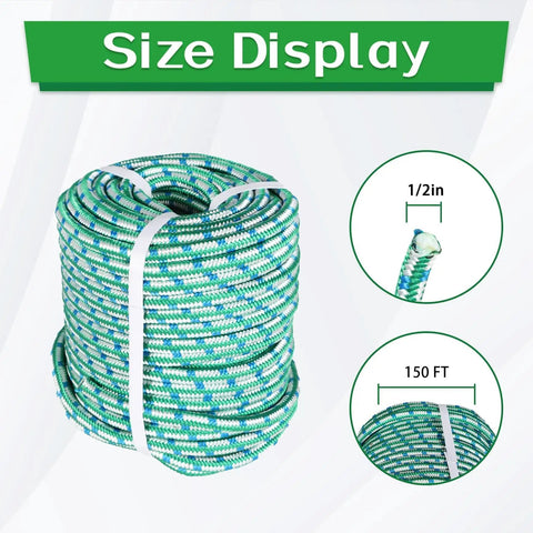 Beefy Half Inch Nylon Braided Rope 150 Feet Heavy Duty Polyester Cord in Green White Blue with size details and 6180 load
