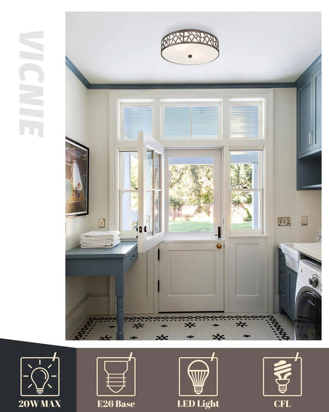 Two Light Vintage Flush Mount Ceiling Light With Frosted Glass Shade In Oil Rubbed Bronze For Hallway Kitchen Bathroom And Bedroom A 12 Inch Ceiling Fixture That Delivers Classic Warm Ambience And Clean Modern Look installed in a bright laundry room