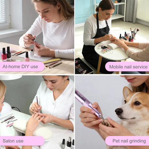 Top Shelf Pro Grade Nail Drill Electric File For Acrylic Gel Polish Killer 35000Rpm Torque With Lcd Screen showing various nail treatment uses.