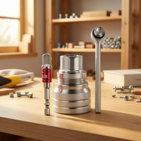Hella Solid Knurled Grip Ratchet Wrench With Versatile Quick Adjust Socket Set For No Nonsense Home Repairs And Serious Garage Jobs This Bad Boy Truly Saves Your Knuckles on a wooden workbench.