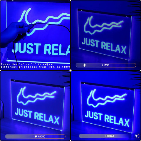 Laser Dotted Neon Sign For Home Decor USB Powered With Dimmer Switch Lit Mood Neon Light For Bar Bedroom Wedding And Party Vibe PMMA Edge Lighting Modern Neon Art with 'Just Relax' text.