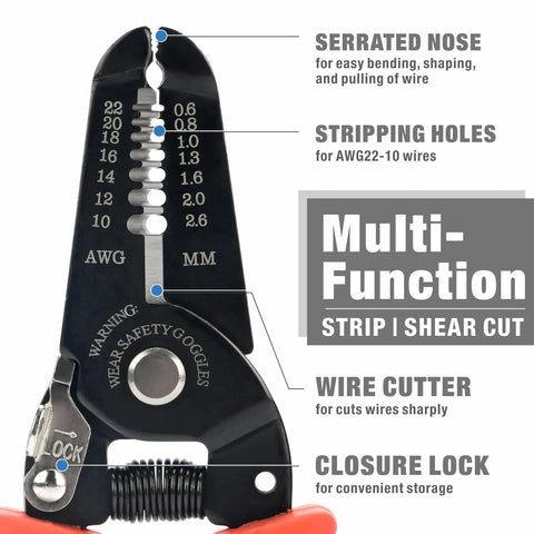 Crimp Like A Pro Wire Crimping Tool Kit with labeled wire stripper showing functions and features for electrical projects.