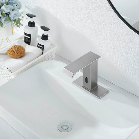 Brushed Nickel Automatic Sensor Touchless Bathroom Sink Faucet With Drain Assembly Vanity Waterfall Hands Free Tap Temperature Mixer Control Box And Hot Cold Hoses Included for Easy Setup