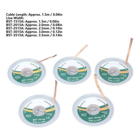 5 Piece Solder Wick Set For Electronics Repair, Alloy Copper Desoldering Braid In 1.5mm To 3.5mm Widths shown