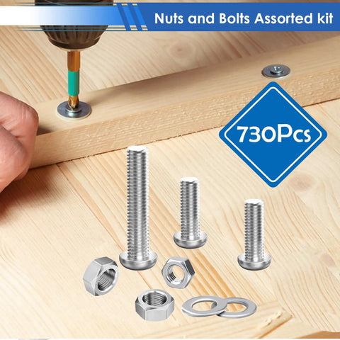 Hella Tough 304 Stainless Steel Machine Screws And Bolts Assortment Kit With Phillips Pan Head Nuts And Flat Washers For Diy Auto Repair Or Professional Garage Builds, featuring bolts and nuts on wood.