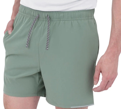 Close-up of 2 In 1 Running Shorts With Built In Liner For Men, 5 Inch Inseam, Woven Stretch Quick Dry Fabric, Hedge Green.