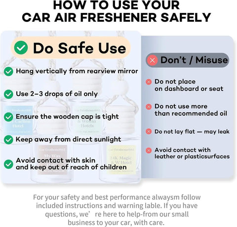 Instructions for using Premium Mahogany Teakwood Car Air Freshener 2 Pack safely, highlighting dos and don'ts.