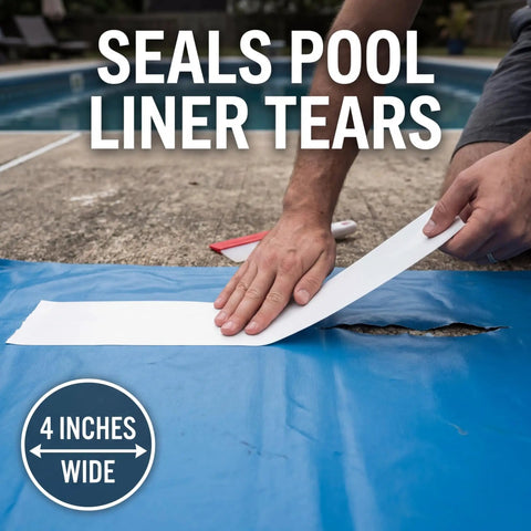 Person applying Heavy Duty Marine Grade Leak Stopping Tape, 15 Ft By 4 In, Waterproof Patch on pool liner to seal tear.