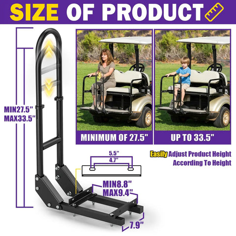 Rear Seat Grab Bar for Golf Carts Universal Round Pipe Handle Rail 27 to 34 Inch Adjustable Height Heavy Duty Clamps shown in use