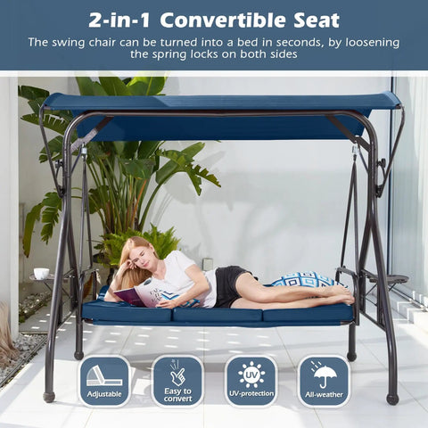 800LBS Capacity Patio Swing With Canopy, 3 Seat Outdoor Porch Swing On Stand, Convertible Bed Feature, Blue with Pillow