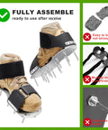Heavy Duty Spiked Lawn Aerator Shoes with adjustable straps and 2.2-inch rust-proof spikes, metal base; ready-to-use features shown.