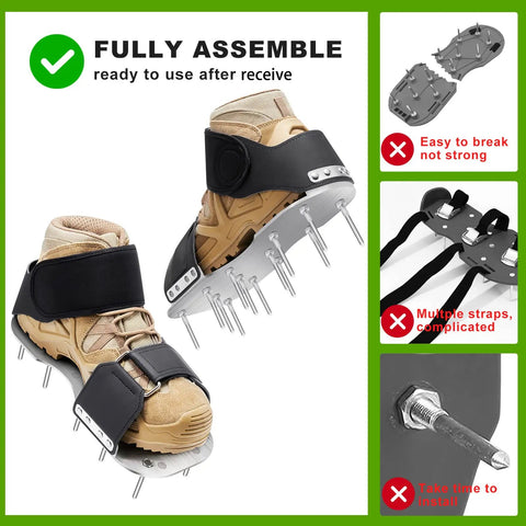 Heavy Duty Spiked Lawn Aerator Shoes with adjustable straps and 2.2-inch rust-proof spikes, metal base; ready-to-use features shown.