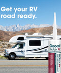 Pro Flex RV Flexible Sealant For Weatherproof Seals, 10 Oz Clear, Crack Resistant, beside an RV with mountains in the background