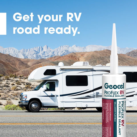 Pro Flex RV Flexible Sealant For Weatherproof Seals, 10 Oz Clear, Crack Resistant, beside an RV with mountains in the background