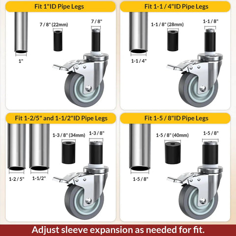 Locking Swivel Caster Wheels 4 Inch Set of 4 Heavy Duty Pro Grade Expanding Stem Casters Threaded Fits table legs sizes