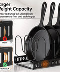 Zero Hassle Expandable Pot And Pan Lid Organizer Rack For Kitchen Cabinets With Ten Snap Tight Dividers To Store Skillets Cutting Boards And Heavy Cookware Clean showing reinforced snap-on mechanism and cast iron skillets.