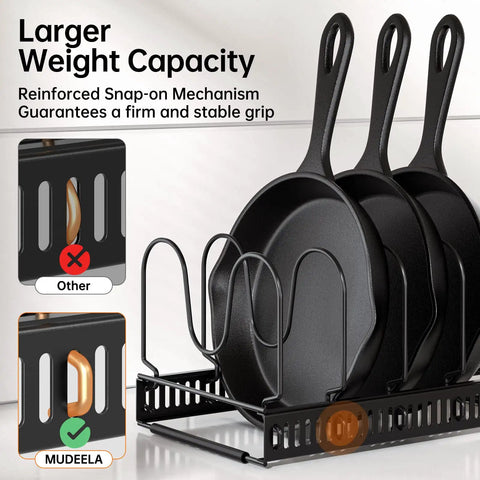 Zero Hassle Expandable Pot And Pan Lid Organizer Rack For Kitchen Cabinets With Ten Snap Tight Dividers To Store Skillets Cutting Boards And Heavy Cookware Clean showing reinforced snap-on mechanism and cast iron skillets.