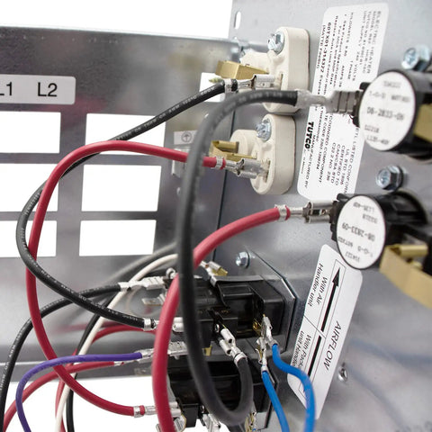 Close-up of wiring and components of 10 kW Electric Heater Kit With Circuit Breaker For HVAC Air Handler, Plug And Play High Output Heating Upgrade