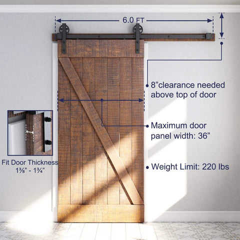 Heavy Duty Sliding Barn Door Hardware Kit In Black For Smooth Quiet Operation And Easy Installation, Industrial Bigwheel Hangers Support Up To 220 Lb, Fits 36 Inch Wide Panels, Solid Steel With Black Powder Coat For Lasting Performance In Home Or Workshop installed on 36-inch wooden door