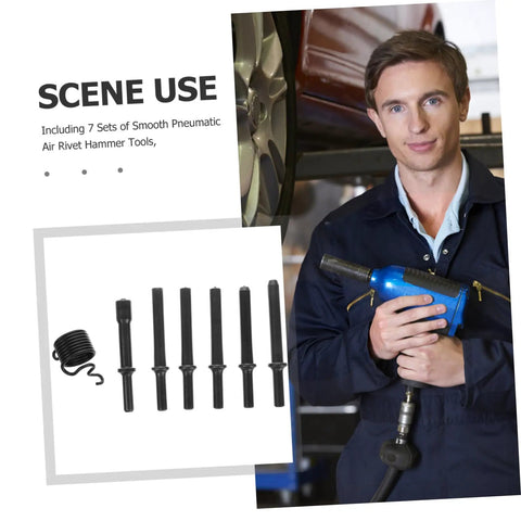 Heavy Duty Pneumatic Air Hammer Bit Kit With Smooth Chisels And Pin Punch Tools For Tight Auto Repair Tough Construction Jobs And Badass Metal Work Out The Box. man holding blue air hammer with 7 black bits