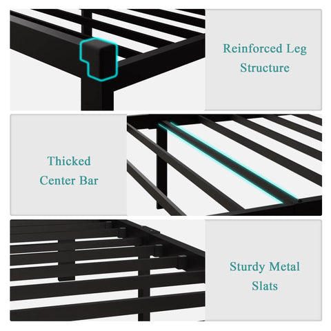 Reinforced leg structure and thickened center bar of Super Sturdy Twin Size Metal Bed Frame With Faux Leather Platform And Button Tufted Headboard Hella Roomy Underbed Storage Glow Night Light Legs Straight Up Easy Setup No Box Spring Needed Black.