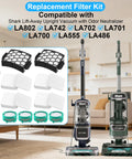 Must Have Replacement Filter Kit For Shark Lift Away Upright Vacuums With DuoClean Detect Include 2 HEPA Filters 4 Foam And Felt And 4 Odor Neutralizer Cartridges For LA802 LA702 LA742 LA555 LA701 LA700 LA486 displayed next to two upright vacuum models