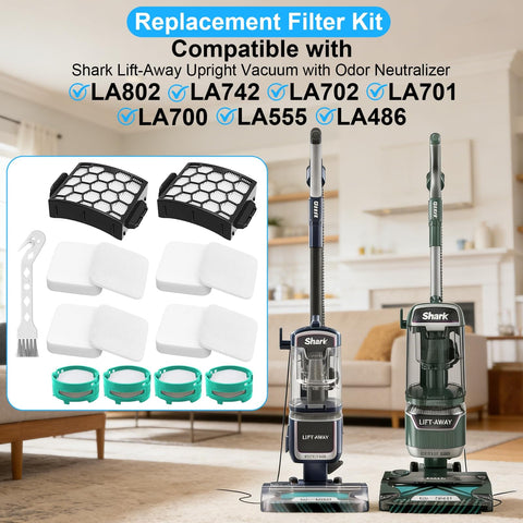 Must Have Replacement Filter Kit For Shark Lift Away Upright Vacuums With DuoClean Detect Include 2 HEPA Filters 4 Foam And Felt And 4 Odor Neutralizer Cartridges For LA802 LA702 LA742 LA555 LA701 LA700 LA486 displayed next to two upright vacuum models