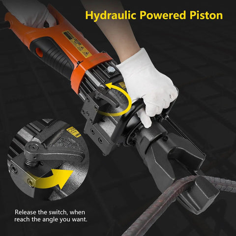 Hydraulic powered piston of the GarveeTech 900W Portable Rebar Bender For Steel And Copper Rods, demonstrating angle adjustment.