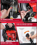 63Cc Beast Gas Backpack Leaf Blower with 205 MPH airflow, close-up of cruise control, stop-valve, and oil bubble design