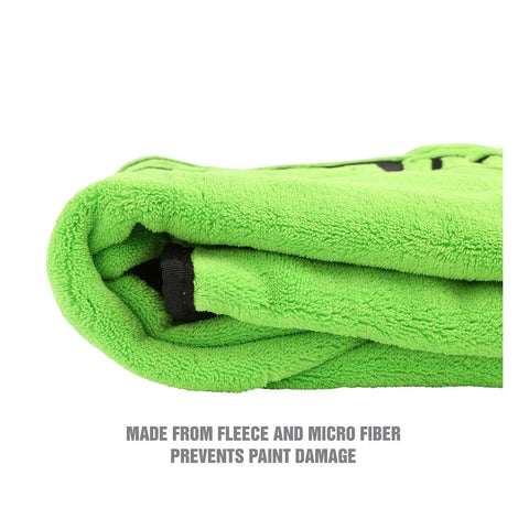 Close-up of green Magnetic Fender Cover For Mechanics, 42 By 24 Inch Soft Shield with corner magnets, fleece material