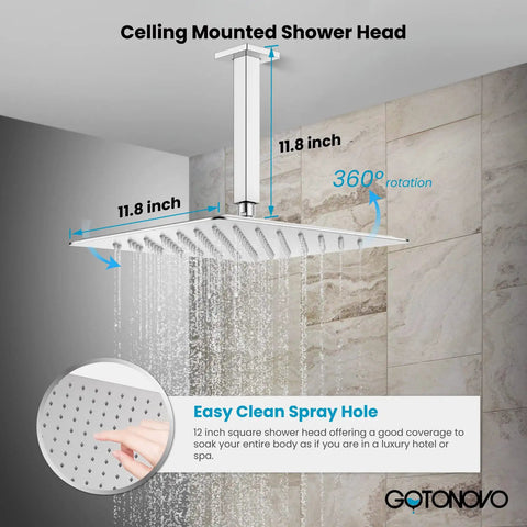 Diagram showcasing All In One Ceiling Mount Shower System With 12 Inch Rainfall Showerhead And Handheld Sprayer, chrome finish