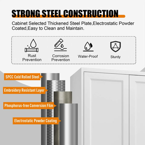 Built Like A Tank Super Tall Steel Pantry Cabinet With Double Doors And Four Shelves Kitchen Storage Saver showcasing strong steel construction features.