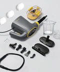 Entalva Handheld Steam Cleaner Gray With Smart Led Display And 15 Pieces Cleaning Kit layout with attachments and measuring cup