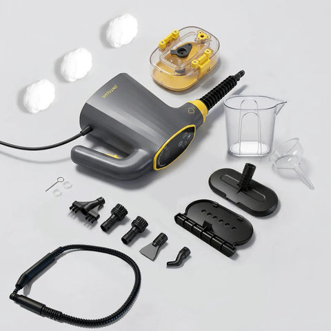 Entalva Handheld Steam Cleaner Gray With Smart Led Display And 15 Pieces Cleaning Kit layout with attachments and measuring cup