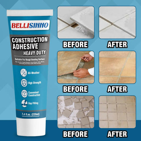 Heavy Duty Construction Adhesive For Concrete, Tile, Stone, Wood And More, Super Strong Cement Glue 7.4 Ounce Tube, before and after usage on tiles.