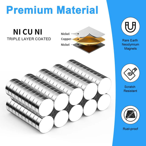 100 Pack Tiny Round Neodymium Magnets 10x3 Millimeters For Crafts DIY Projects Home Office School, NiCuNi coated, stacked view