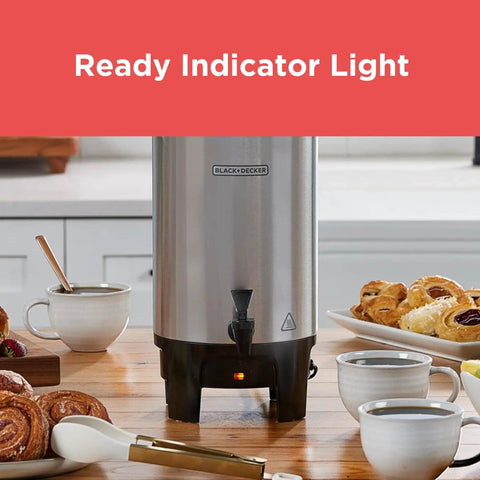 40 Cup Coffee Urn For Office And Events With Fast Brew Aluminum Construction Keep Warm Function showing indicator light