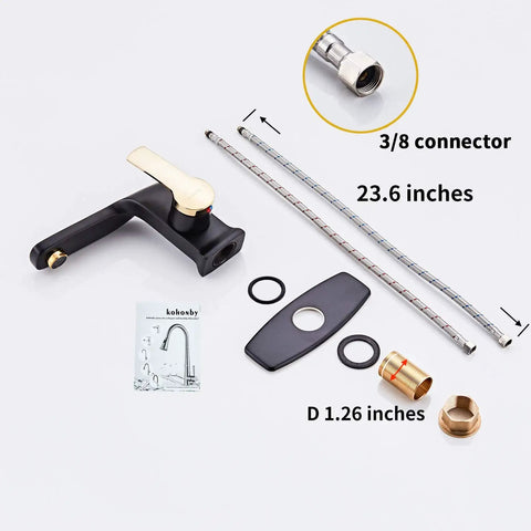 Modern Matte Black Bathroom Faucet With Single Lever Handle For 1 Hole Sink On 6 Inch Deck, components displayed.