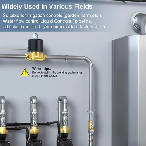 Heavy Duty One Quarter Inch NPT Brass Electric Solenoid Valve Normally Closed AC 110 Volt installed in industrial setting
