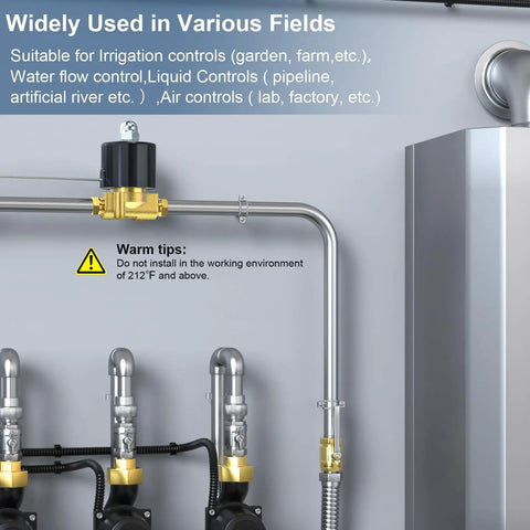 Installed Brass Electric Solenoid Valve 1/4 Inch NPT Normally Closed 12V DC 2W025-08 in industrial pipeline system