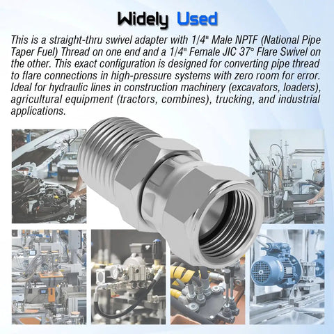 Beefy Heavy Duty Hydraulic Swivel Adapter 1/4 Inch Male NPTF To 1/4 Inch Female JIC 37 Degree Flare Swivel Fitting For High Pressure Fluid Power Systems, Pipe Thread To Flare Converter, Durable Steel Build With Tight Seal, steel hydraulic fitting