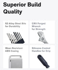 Superior build quality with S2 alloy steel bits, CRV forged wrench, wear-resistant ABS casing, silicone-coated handles for grip.