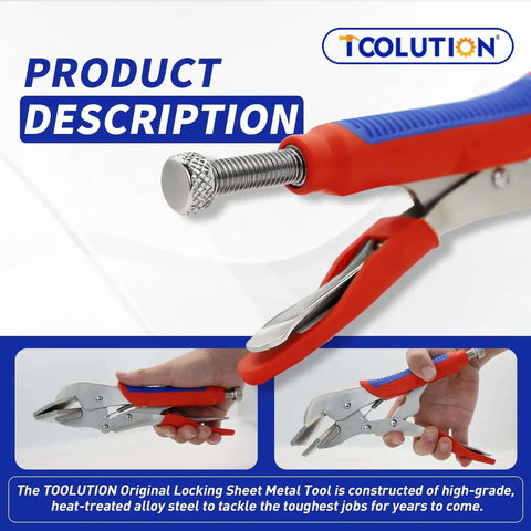 10 Inch Locking Sheet Metal Clamp With Trigger Release shown in hand, featuring nickel-plated finish for welding and metalworking projects.