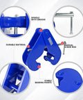 Front view of blue KARRYTON beam clamp for I-beams, 5-ton capacity, with screw rod and spindle groove.