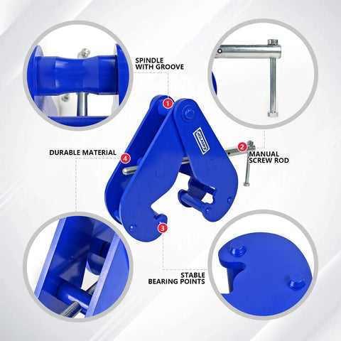Front view of blue KARRYTON beam clamp for I-beams, 5-ton capacity, with screw rod and spindle groove.