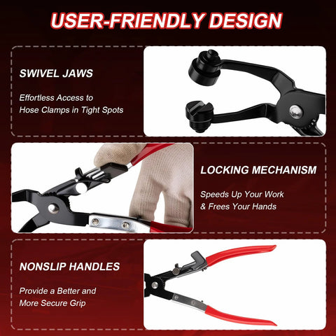 Hose clamp pliers set with swivel jaws and long reach, black metal, Amazon brand
Amazon hose clamp removal tool with locking mechanism used by gloved hand
Red-handled hose clamp pliers with nonslip grip for secure operation