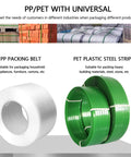 PP/PET packing materials, including white PP packing belt and green PET plastic steel strip for various packaging uses.