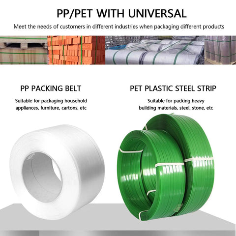 PP/PET packing materials, including white PP packing belt and green PET plastic steel strip for various packaging uses.