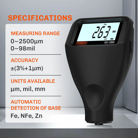 Paint Thickness Gauge Pro Grade for Cars Digital Coating Meter 0 to 2500 Micrometers Car Paint Tester for Used Car Inspections Auto Detailing and Body Shops Measures Coating Thickness with 1 Micrometer Resolution Plus or Minus Three Percent Accuracy, handheld display