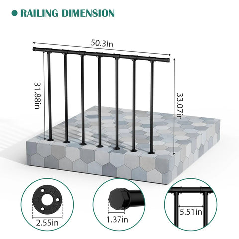 Heavy Duty Metal Deck Railings Kit With Balusters For Porch And Balcony Easy Install Outdoor Wrought Iron Flat Rail System Rust Resistant Powder Coated Finish 34 Inch High By 4 Foot Wide Black with dimensions shown